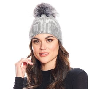 Silver Metallic Knit Faux Fur Pom Hat - OSFM